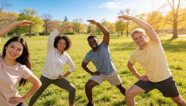 Diverse group stretching in sunny park doing side bends for outdoor fitness