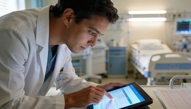Physician reviewing ecg on tablet at hospital bedside, touchscreen cardiac monitoring