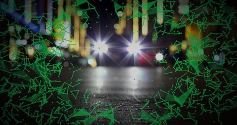 Vehicle headlights on reflective wet at night with futuristic green overlay