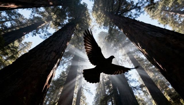 Silhouetted bird soaring through sunbeams in towering redwood grove canopy