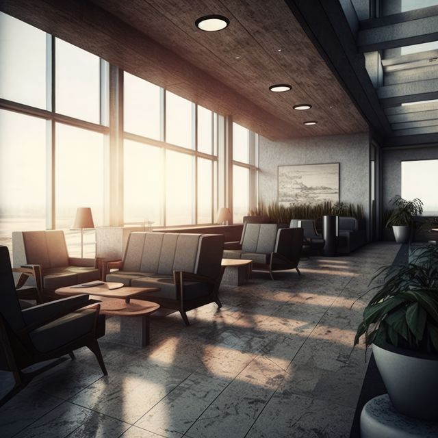Airport with sofas, armchairs, plants and big windows created using generative ai technology. Airport, transport and travel concept digitally generated image.