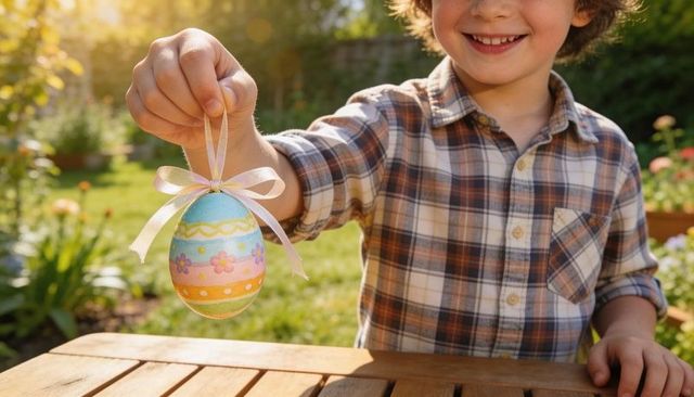 Smiling boy holding pastel easter egg on ribbon in sunlit backyard garden, plaid shirt