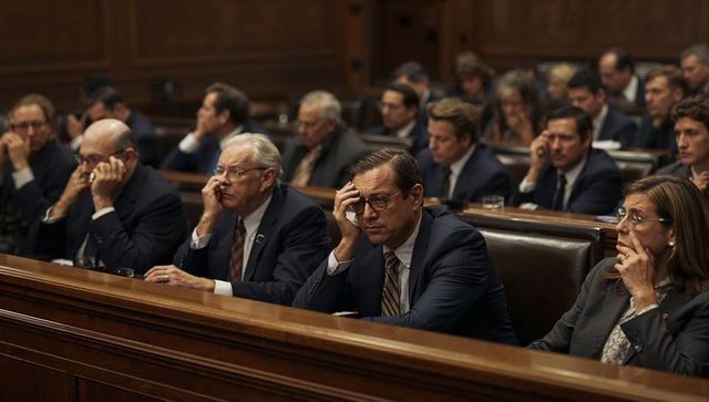 Legislative hearing with attentive officials listening and taking notes in somber chamber