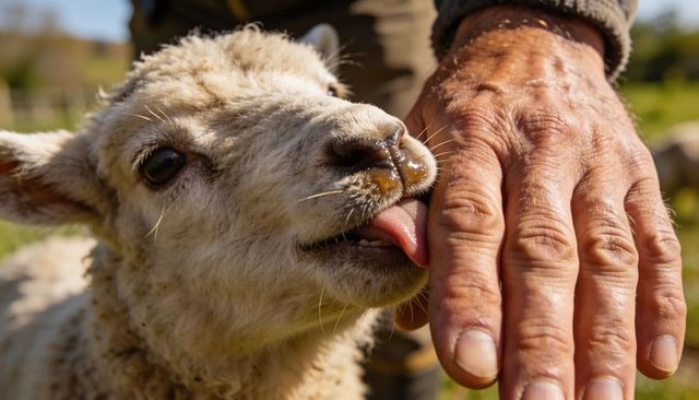 Nuzzling lamb licking farmer hand closeup, pastoral bond between sheep and shepherd