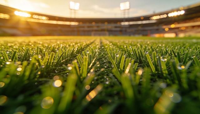Stadium turf glistening with dew at golden hour close-up macro of grass blades