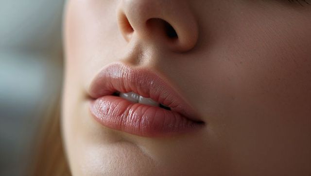 Close-up showing natural lips and skin texture, subtle makeup and pores for beauty advertising