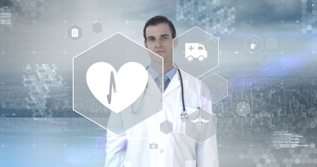 Male Doctor in Lab Coat with Medical Icons and Citybackground - Download Free Stock Images Pikwizard.com