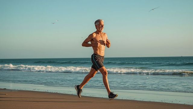 Shirtless Senior Man Jogging Along Beach at Sunrise