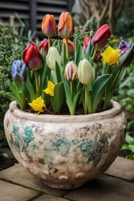 Colourful tulips in ceramic planter in garden, created using generative ai technology. Flowers, plants, growth, spring, nature and gardening concept digitally generated image.