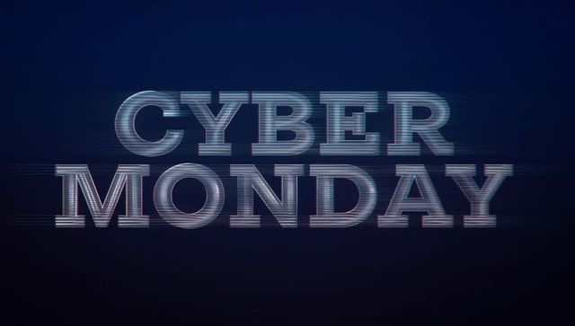 Cyber monday glitch banner with metallic scanline text, futuristic dark gradient background