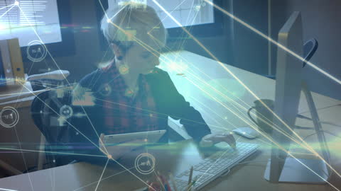 Woman Utilizing Technology with Data and Network Overlays