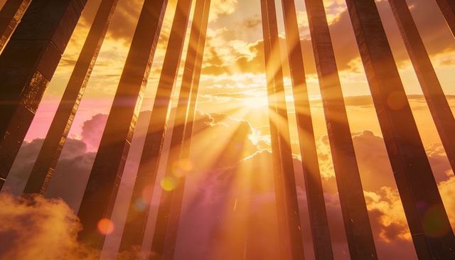 Golden sunbeams piercing vertical pillars above clouds, dramatic glowing columns