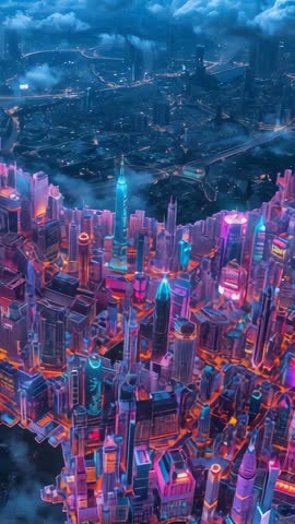 Descending Vertical Video Over Neon Futuristic Metropolis at Night with Fog and Highways