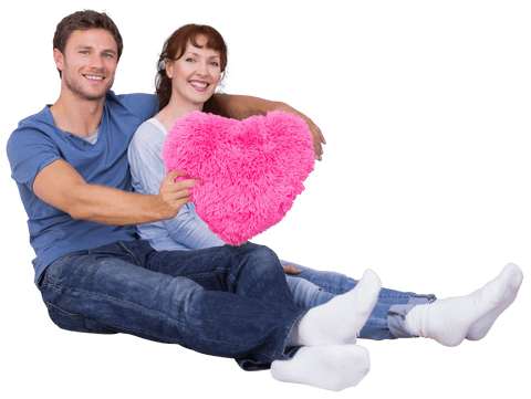 Smiling Couple Holding Pink Heart on Transparent Background