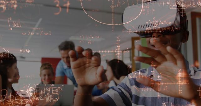Digital composite of African American schoolboy using virtual reality headset in classroom with mathematics image moving on the foreground 4k