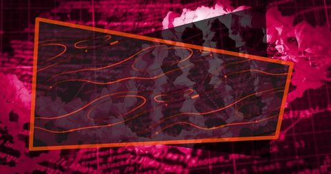 Magenta layered abstract collage featuring tilted sheer panel with orange wavy lines and dots