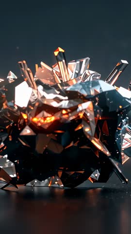 Vertical 3D crystal revealing pulsing orange core with ember glow and reflective facets