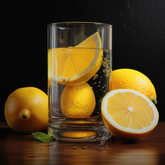 Glass of lemon juice and lemons on wooden surface, created using generative ai technology. Juice, drink and refreshment concept digitally generated image.