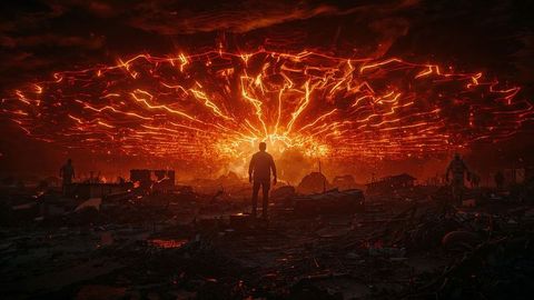 Person facing apocalyptic vortex with airstrikes debris surrounding