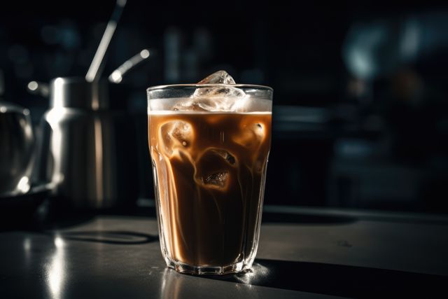 Glass of iced cafe latte on dark background, created using generative ai technology. Coffee, summer, cafe, drinks and refreshments concept digitally generated image.