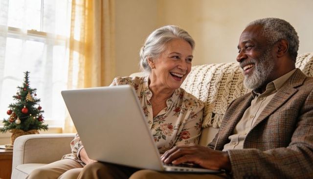Senior couple laughing while using laptop together on cozy sofa near christmas tree