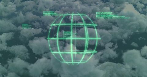 Holographic Wireframe Globe Hovering Above Clouds with Teal HUD Data and Telemetry