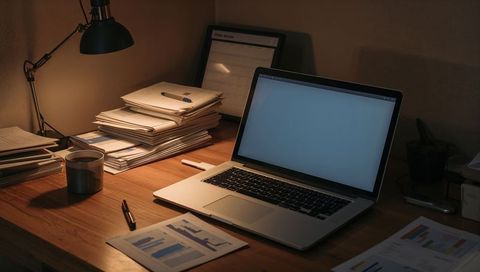 Late Night Home Office Workspace with Open Laptop, Stacks of Documents and Warm Lamp Light