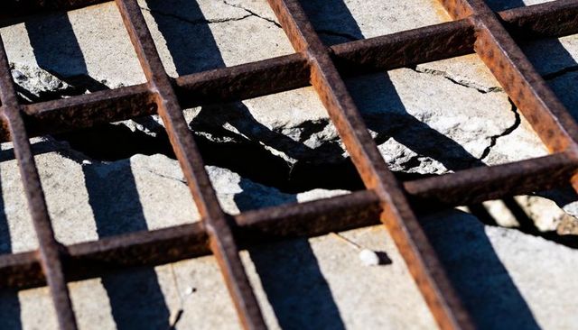 Rusted iron grate casting shadows over cracked concrete slab urban decay texture detail