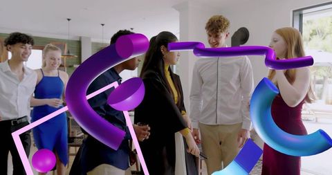 Young adults socializing in modern home with vibrant purple and blue 3d abstract overlays