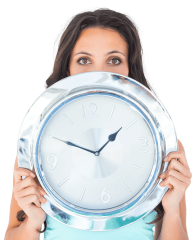 Brunette Woman Holding Large Transparent Wall Clock - Download Free Stock Videos Pikwizard.com