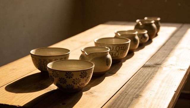 Row of rustic ceramic bowls and pouring jugs on sunlit wooden table casting long shadows