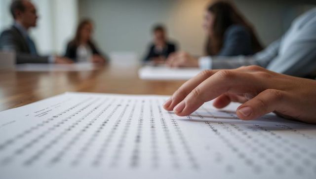 Analyzing data: hand pointing at spreadsheet during business meeting