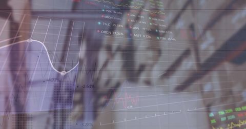 Financial graphs overlaid on warehouse interior
