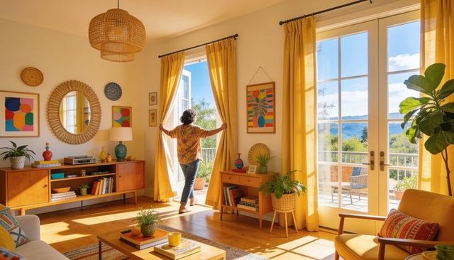 Sunlit midcentury bohemian living room woman opening mustard curtains to balcony lake view