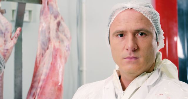 Butcher in protective white uniform standing in slaughterhouse, with raw meat hanging in the background. Suitable for use in articles on food safety, meat processing industry, hygiene regulations or professional portraits of food industry workers.