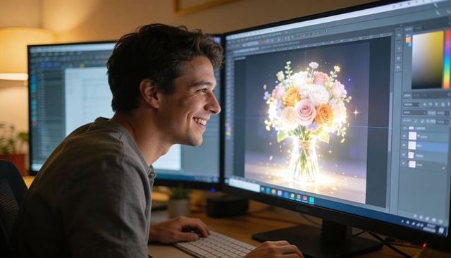 Smiling designer editing glowing floral artwork on dual monitors in creative home studio