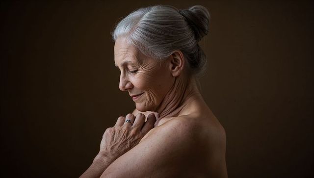 Silver-haired senior woman embracing quiet confidence clasping shoulder with ring
