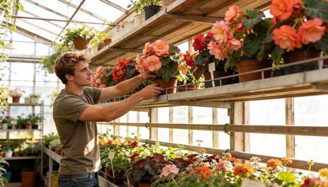 Young gardener arranging begonia pots on sunlit greenhouse shelves