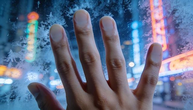 Hand pressing frosted window creating frost patterns with neon city bokeh
