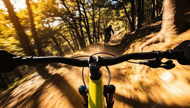 Pov mountain biking downhill through sunlit forest singletrack with yellow handlebars