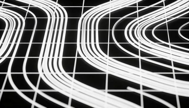 Monochrome glowing curved lines on grid creating futuristic geometric neon abstraction