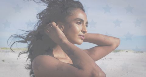 Woman on Beach with American Flag Overlay Background