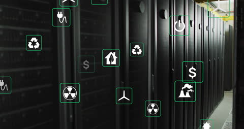 Eco-friendly Technology Icons on Data Center Servers