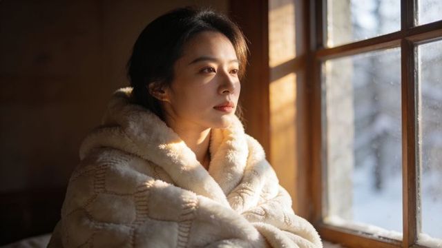 Asian woman wrapped in cream plush blanket gazing out snowy cabin window