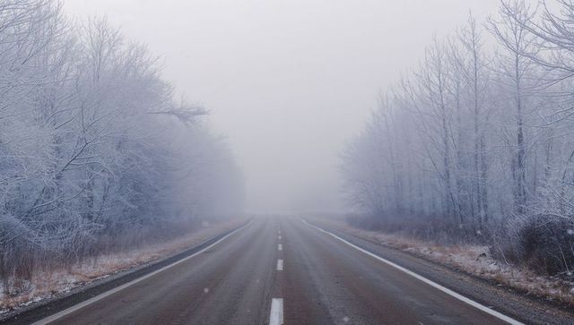 Empty foggy winter highway leading into misty horizon with frosted trees and long perspective