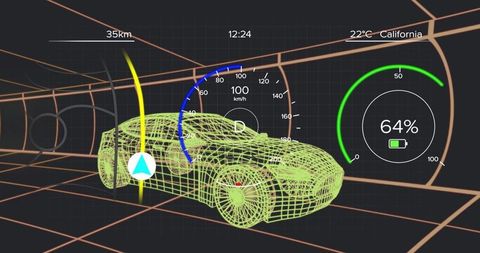 Futuristic car navigation interface with wireframe model
