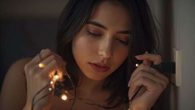 Woman cradling warm string lights near outlet, holding plug, intimate glowing portrait