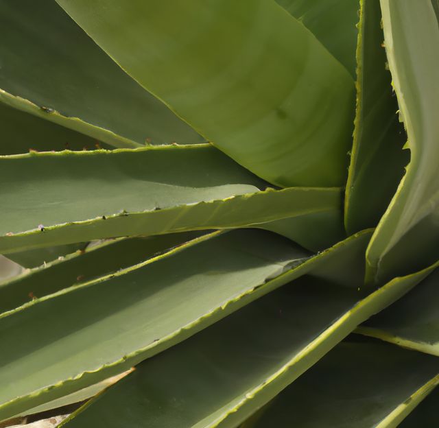 Features a close-up view of aloe vera plant leaves showing vivid green color and jagged edges. Ideal for nature-themed projects, botanical illustrations, gardening blogs, and educational materials on succulents. Can be used to highlight natural textures, benefits of medicinal plants, or as a background in various design contexts.