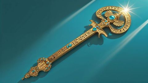 Ornate golden key with mystical engravings and turquoise gemstones