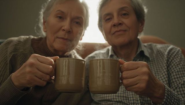 Senior companions raising matching mugs on couch sharing warm tea and quiet moments